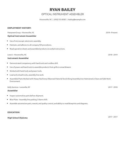 Optical Instrument Assembler Resume