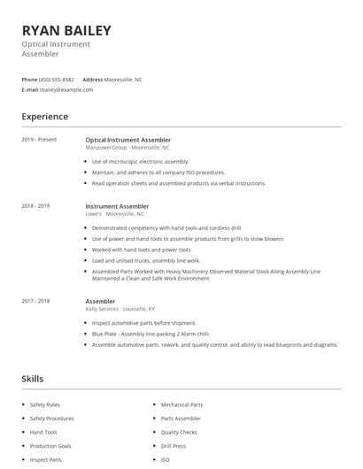 Optical Instrument Assembler Resume