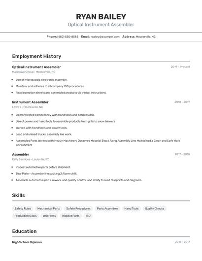 Optical Instrument Assembler Resume