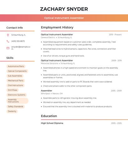 Optical Instrument Assembler Resume