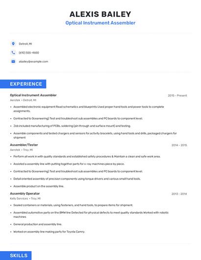 Optical Instrument Assembler Resume