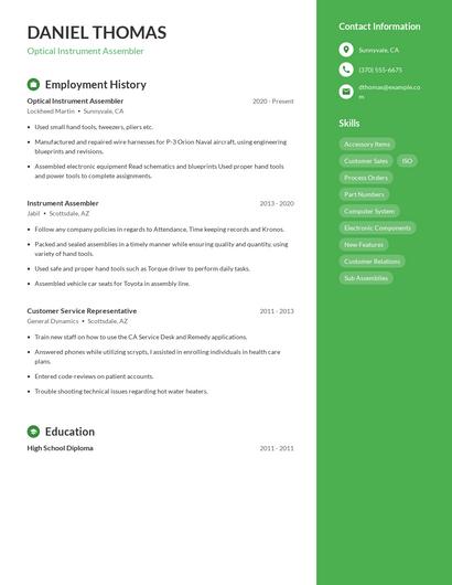 Optical Instrument Assembler Resume