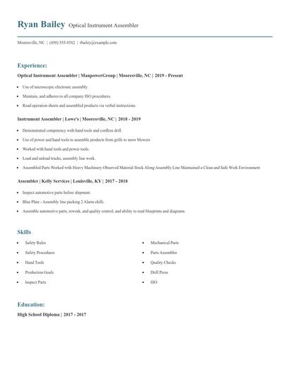 Optical Instrument Assembler Resume