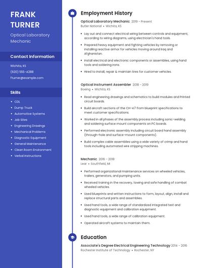 Optical Laboratory Mechanic Resume