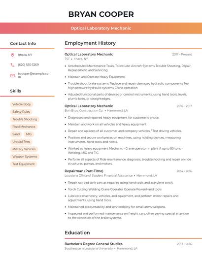 Optical Laboratory Mechanic Resume