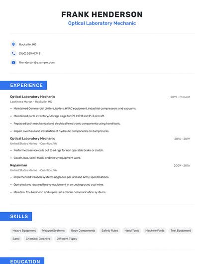 Optical Laboratory Mechanic Resume