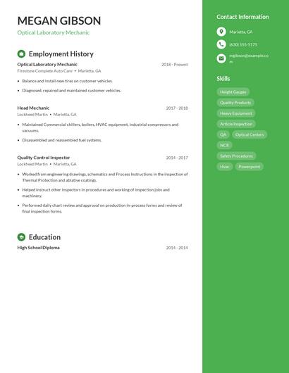 Optical Laboratory Mechanic Resume