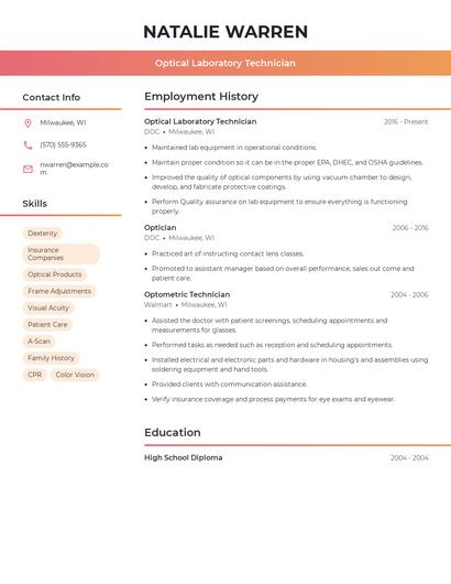 Optical Laboratory Technician Resume