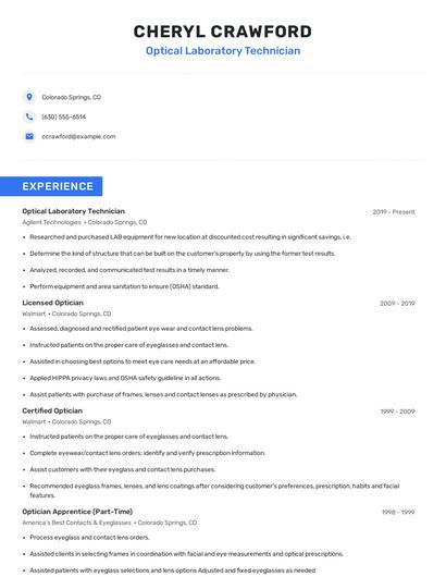 Optical Laboratory Technician Resume