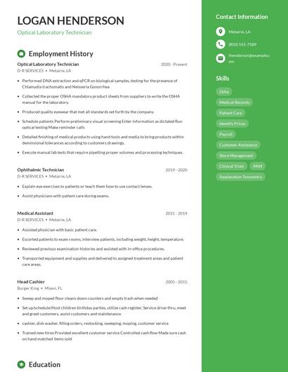 Optical Laboratory Technician Resume