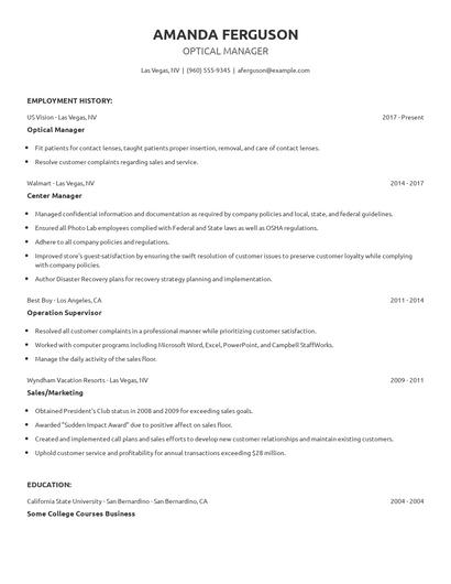 Optical Manager Resume
