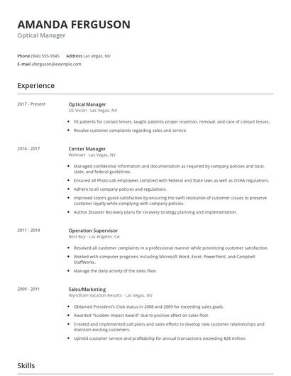 Optical Manager Resume