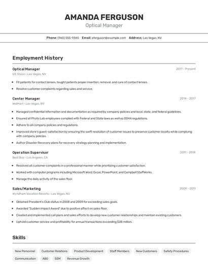 Optical Manager Resume