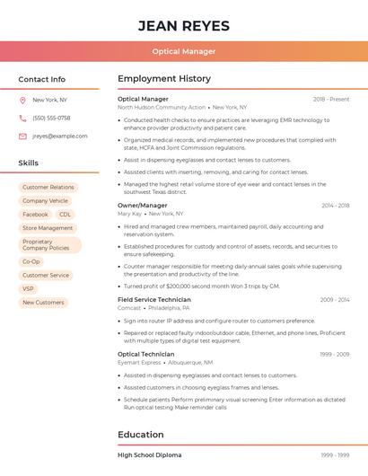 Optical Manager Resume