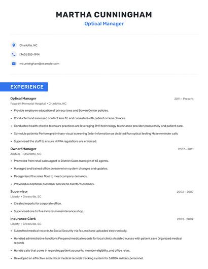 Optical Manager Resume