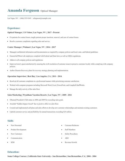 Optical Manager Resume