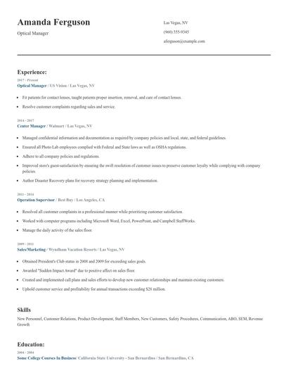 Optical Manager Resume