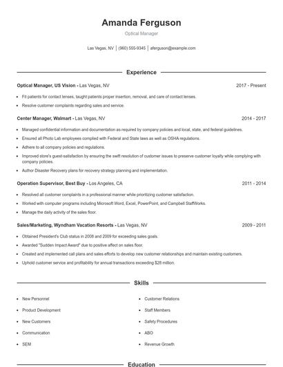Optical Manager Resume
