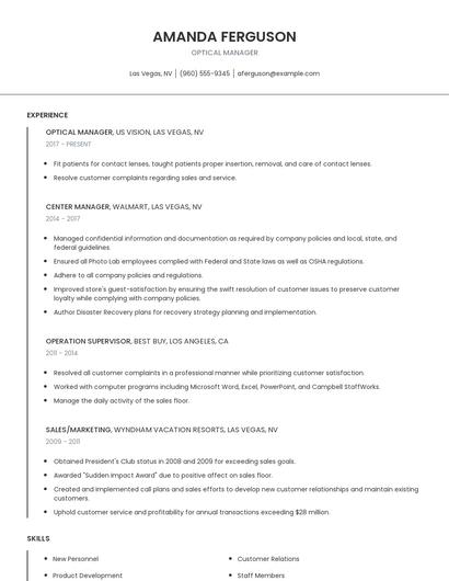 Optical Manager Resume