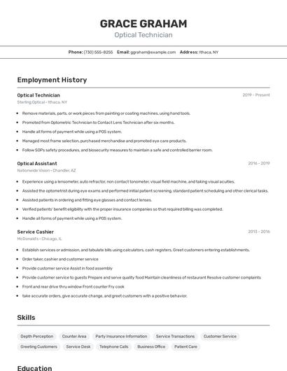 Optical Technician Resume