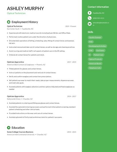 Optical Technician Resume