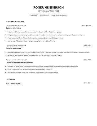 Optician Apprentice Resume