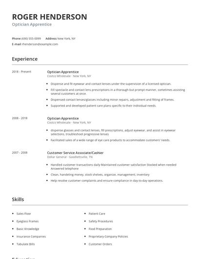 Optician Apprentice Resume