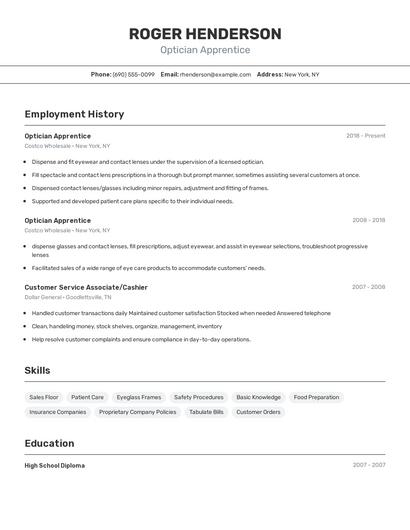 Optician Apprentice Resume