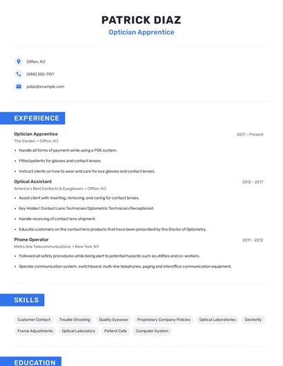 Optician Apprentice Resume