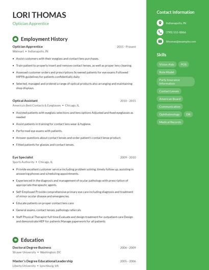 Optician Apprentice Resume