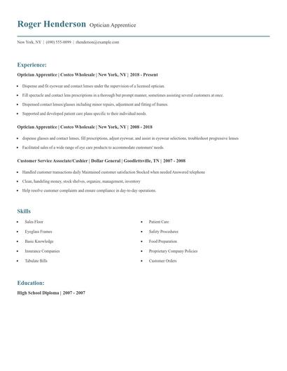 Optician Apprentice Resume