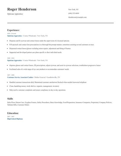 Optician Apprentice Resume