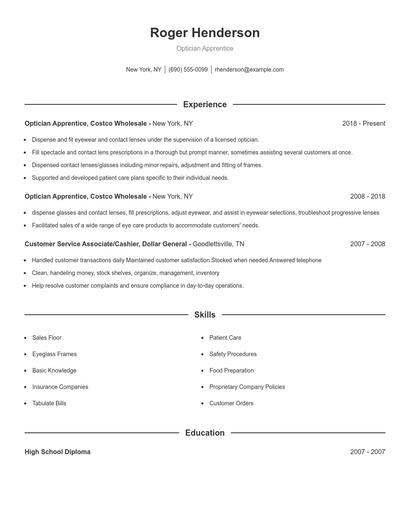 Optician Apprentice Resume