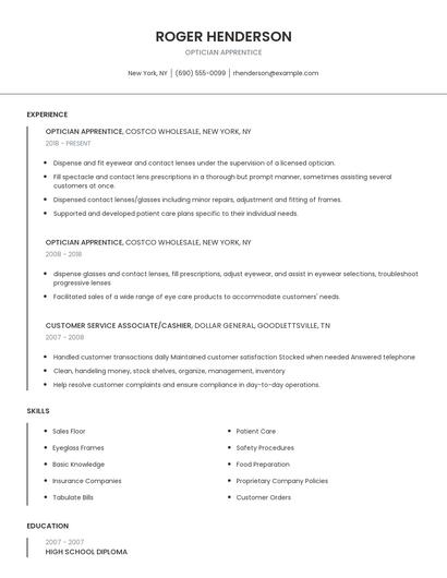 Optician Apprentice Resume