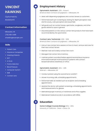 Optometric Assistant Resume