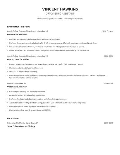 Optometric Assistant Resume