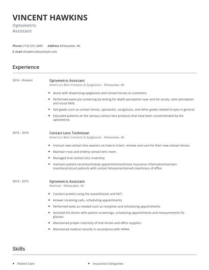 Optometric Assistant Resume