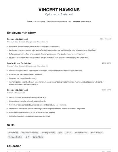 Optometric Assistant Resume