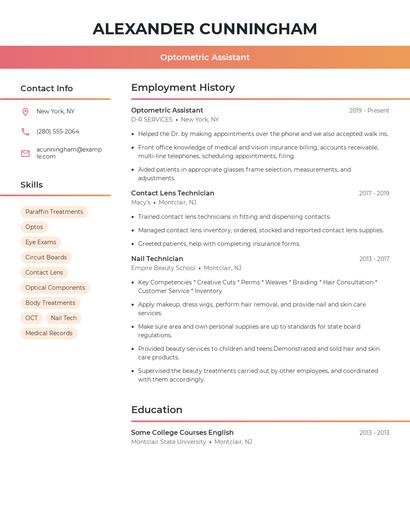 Optometric Assistant Resume