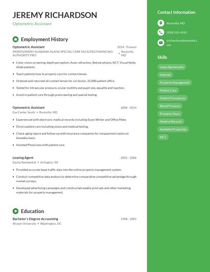 Optometric Assistant Resume