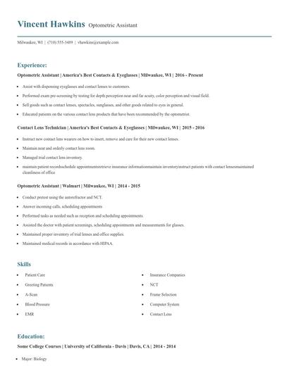 Optometric Assistant Resume