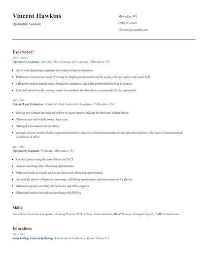 Optometric Assistant Resume