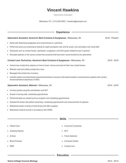 Optometric Assistant Resume