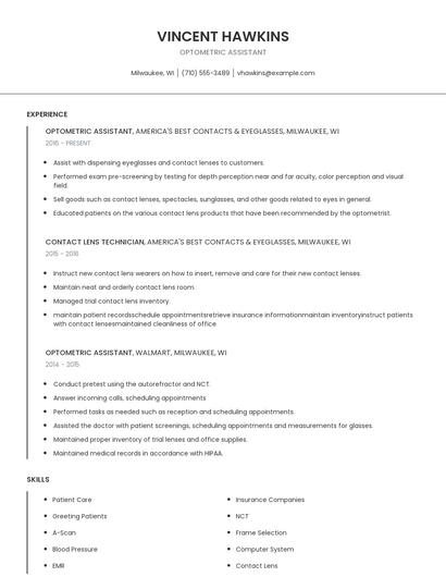 Optometric Assistant Resume