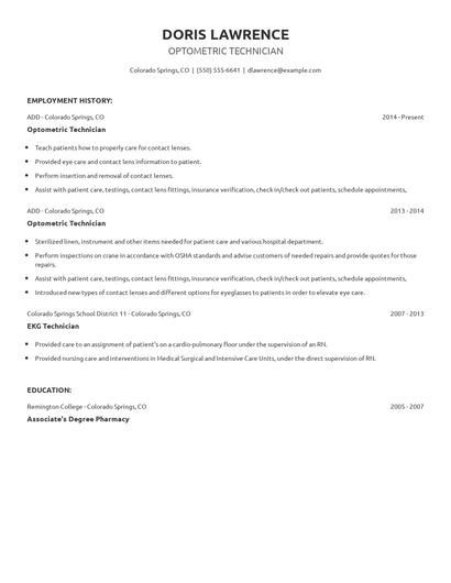 Optometric Technician Resume