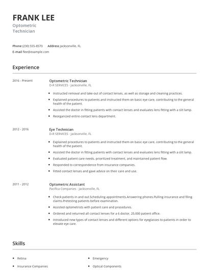 Optometric Technician Resume
