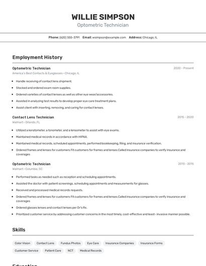 Optometric Technician Resume