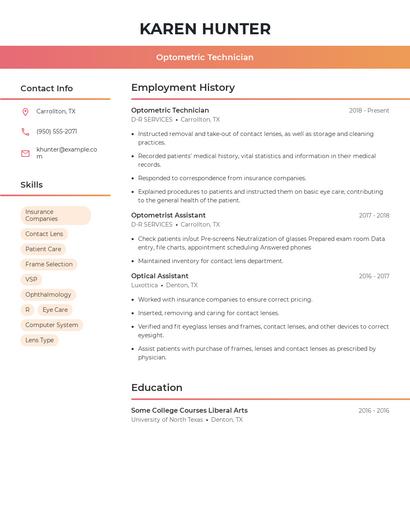 Optometric Technician Resume