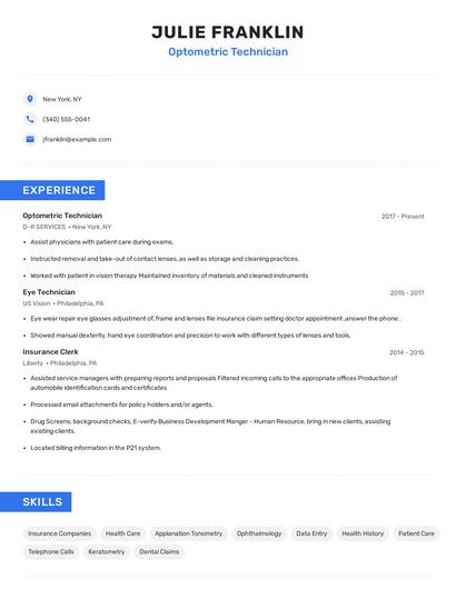 Optometric Technician Resume