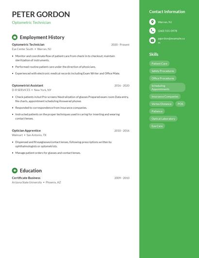 Optometric Technician Resume